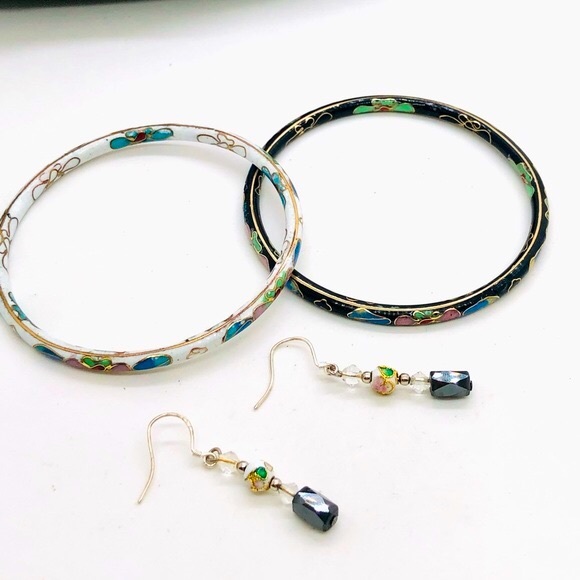 Vintage Cloisonné 925 Earrings & Bangle Bracelet Stack - Picture 4 of 11